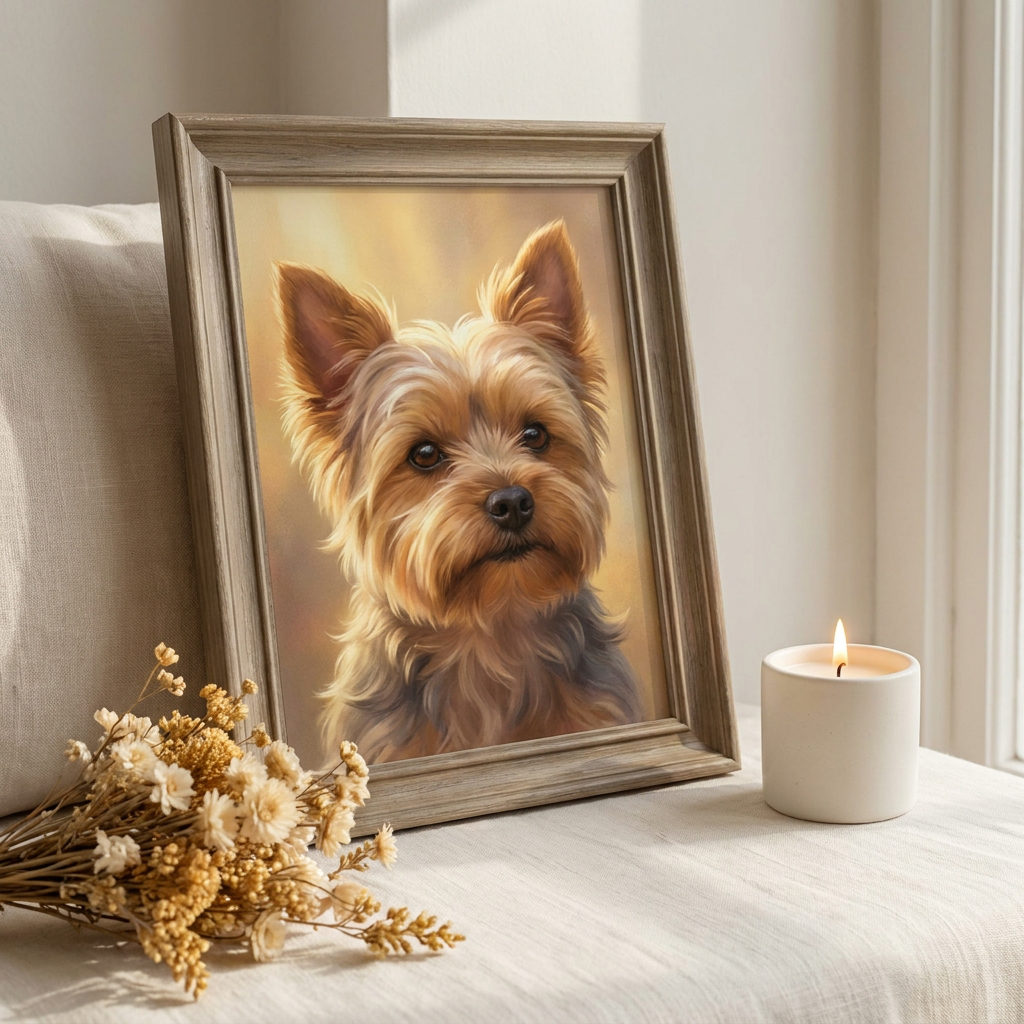 Soft memorial Yorkie portrait mockup